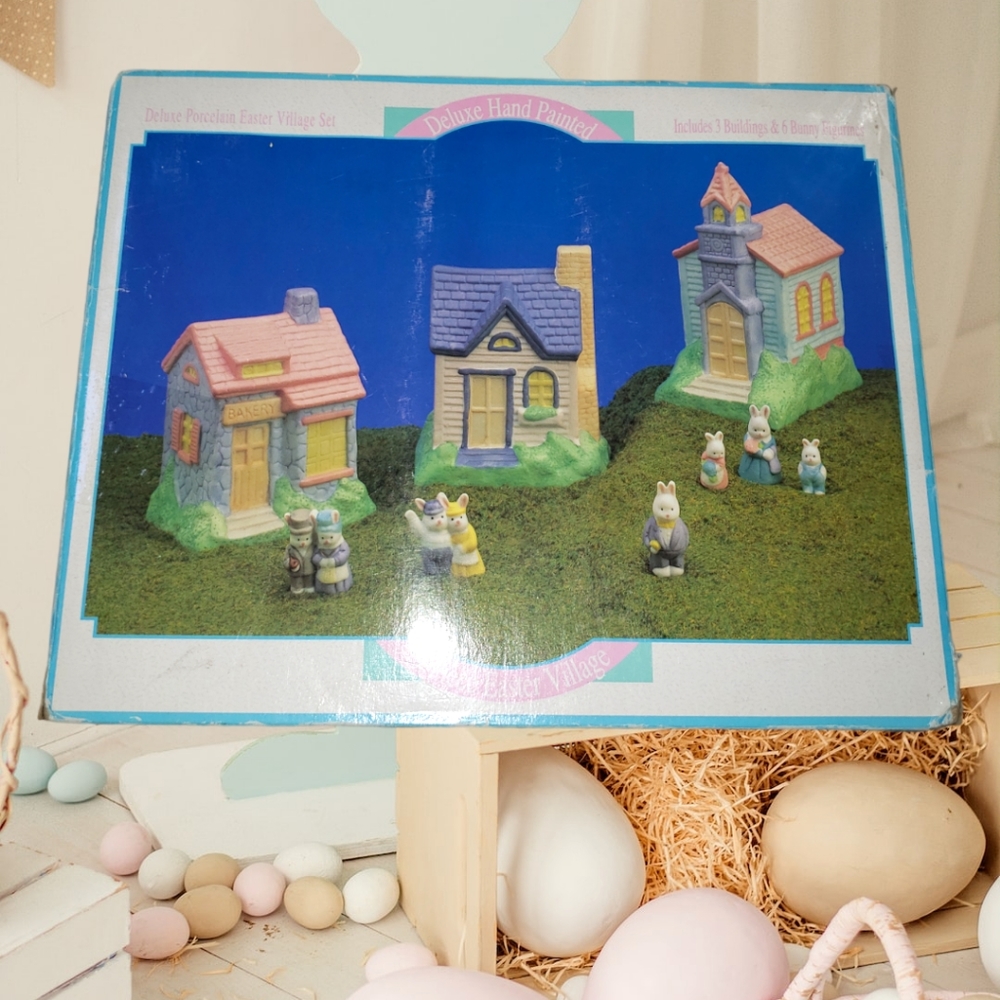Vintage 1991 Hopalong Hollow Easter 9 Piece Porcelain Village Deluxe HandPainted